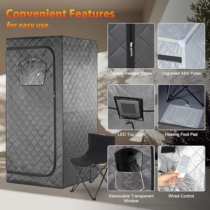 Gollense Portable Infrared Sauna for Home Spa | Full Size 1 Person Sauna | Full Body Personal Far Infrared Sauna Tent | with Heating Foot Pad, Portable Chair, Dark Grey