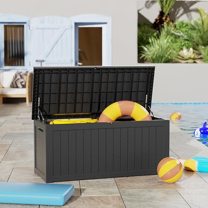 270GAL Extra - Large Black Outdoor Deck Box with Lock Hole- Waterproof, SGS - Tested UV Resistance, Roomy Storage for Lawn Mowers, Camping Gear, and More, Quick and Easy to Set Up