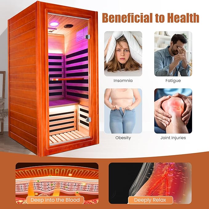 Infrared Sauna for Home Indoor Sauna Wooden Dry Sauna Room Low EMF 1020W for 1 Person with Control Panel, Bluetooth Speaker, Reading Lamp