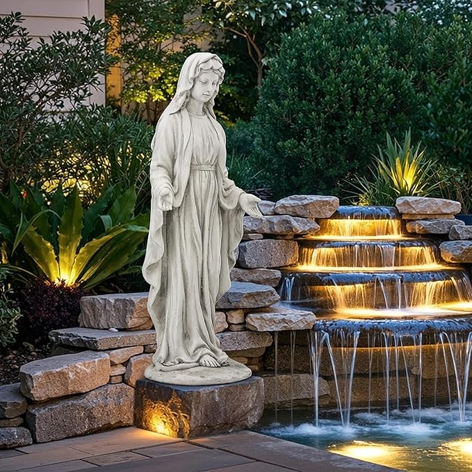 Virgin Mary Statue for Outdoor, Large 30 Inch Garden Sculpture Made of Durable Magnesium Oxide Stone, Religious Lawn Art for Yard,Patio, Finish for Peaceful Blessings Antique White