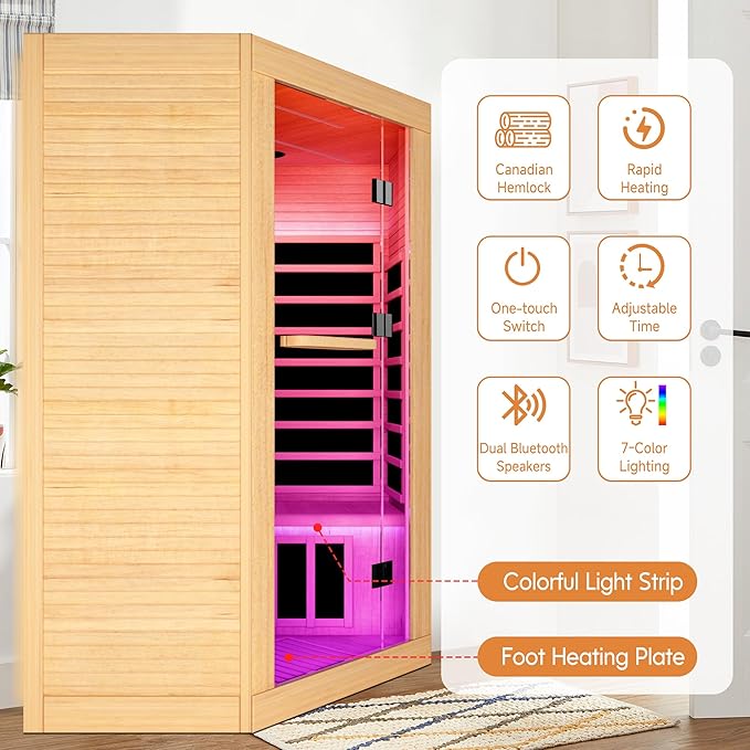 Sauna Infrared Far Infrared Sauna for Home Sauna 2-3 person 2180W with Hemlock Wood Low EMF Dry Sauna for Home Infrared Sauna 2 Person Indoor Sauna for Two Person in Home Sauna with Bluetooth Speakers