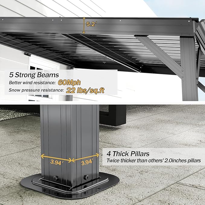Domi 8'x10' Wall Mounted Hardtop Gazebo, Connectable Lean to Pergola with Gutters & Galvanized Steel Roof, 60MPH Wind Resistance, Outdoor Heavy Duty Metal Awning for Patio, Deck, Backyard - Grey
