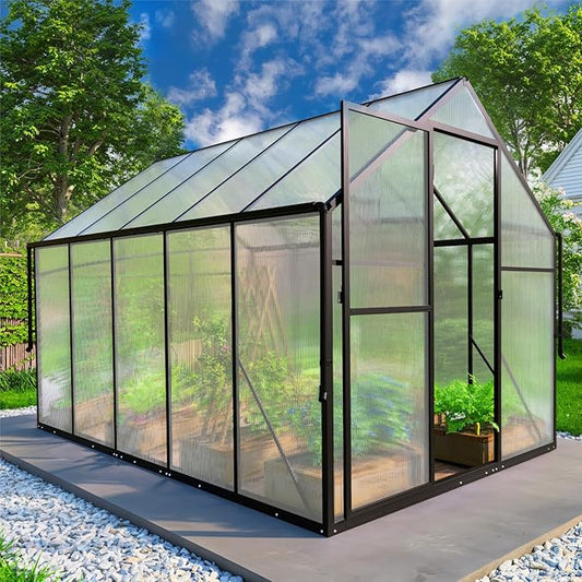 6x10 FT Greenhouse for Outdoors, Polycarbonate Green House with Adjustable Roof Vent and Rain Gutter, Aluminum Large Walk-in Greenhouse with Quick Setup Structure for Outside Garden Backyard Patio