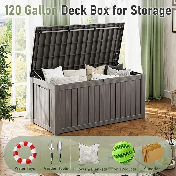 Outdoor Storage Box, Resin Deck Boxes Indoor and outdoor, Waterproof Storage Box Lockable Lid (Grey, 120 Gallon)