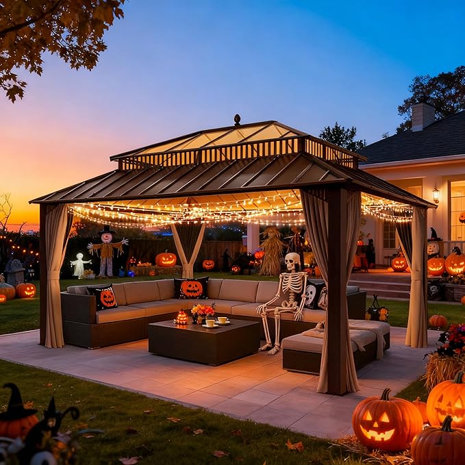 SUNJOY Kingston 16' x 12' Hardtop Gazebo with Galvanized Steel/Polycarbonate Double Roof, Curtain and Netting, Brown Aluminum Posts Permanent Pavilion Gazebo for Garden, Patio, Deck, Lawn