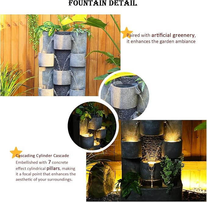 Outdoor Water Fountain Garden - Waterfall Large Water Feature Fountains with LED Lights & Pump, Concrete Artistry for Patio Yard Pool Home Decor, (45 inches Tall, Gray)