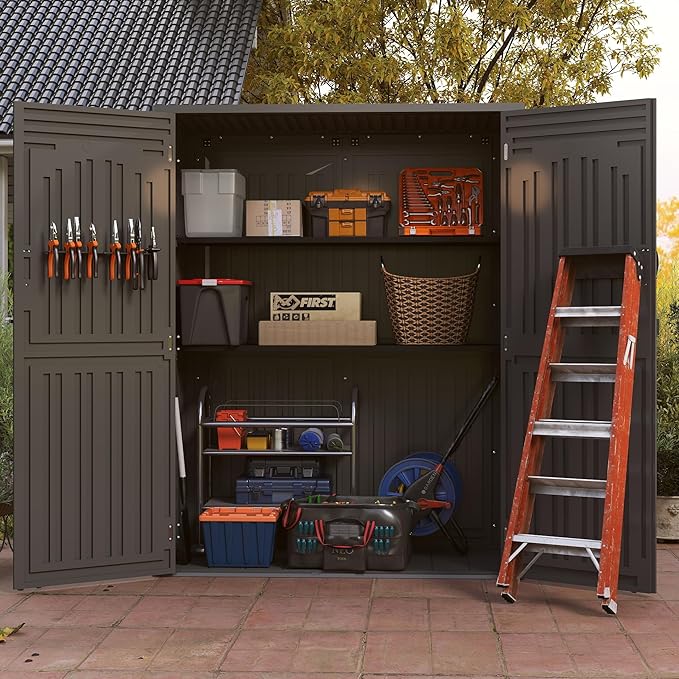 Vertical Resin Storage Shed, 60 Cuft Garden Tool Sheds & Outdoor Storage, Plastic Outdoor Storage Cabinet Waterproof, 4.5 x 2.3 ft Backyard Outside Lawn Mower Storage Shed, Grey