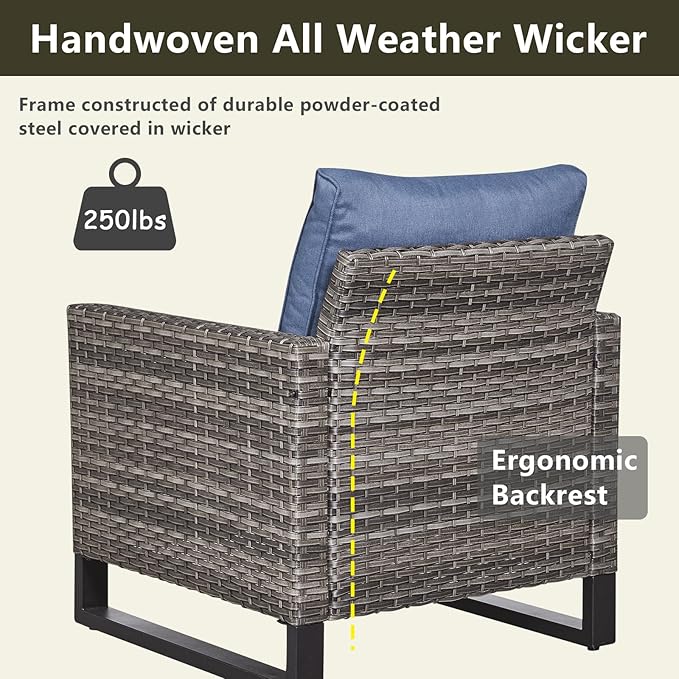 Wicker Outdoor Patio Furniture Set - 5 Piece Patio Conversation Set with 2 Wicker Armrest Chairs,2 Rattan Ottoman and 1 Metal Side Table for Outside Porch Deck Backyard Garden(Mixed Grey/Blue)