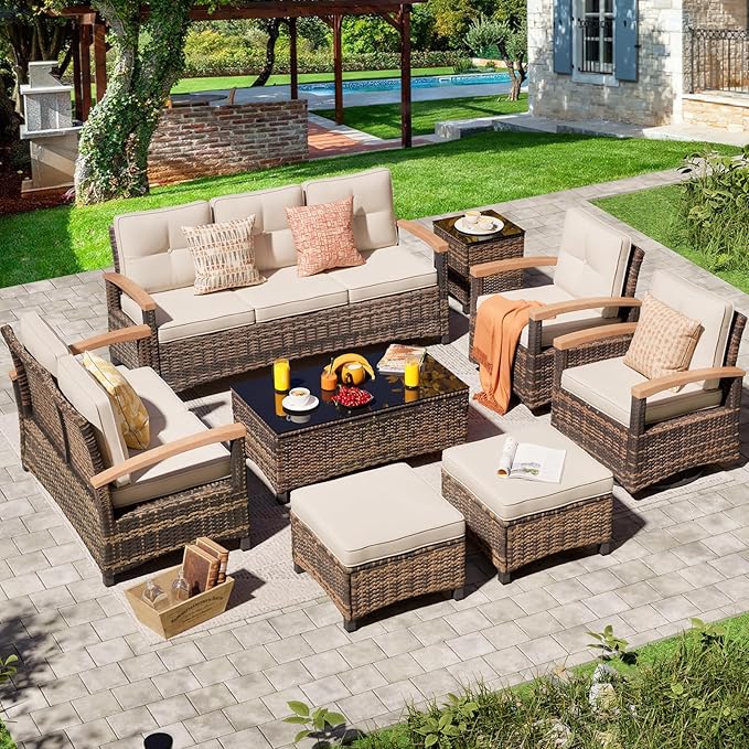 MEISSALIVVE 8 Pieces Patio Furniture Sets, PE Wicker Outdoor Conversation Sets with 2 Wood Armrests Swivel Rocker Chairs, 2 Ottomans, 2 Sofas and Coffee Table(Brown)