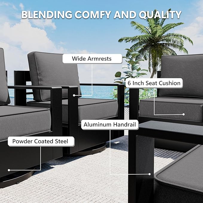 Outdoor Patio Furniture Set, 6-Piece Aluminum Patio Conversation Set All-Weather Metal Outdoor Sectional with 6 Inch Thick Cushions, Deep Setting for Garden, Outside and Porch