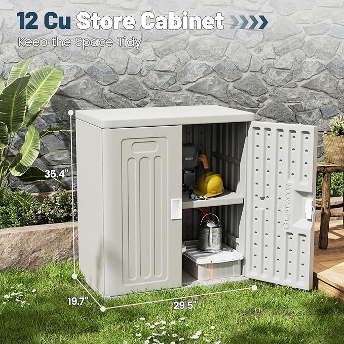Amopatio Outdoor Storage Cabinet Waterproof with 1 Shelf, Patio Storage Shed All Weather Use for Lawn Care Accessories, 19.7" D x 29.5" W x35.4 H, Gray