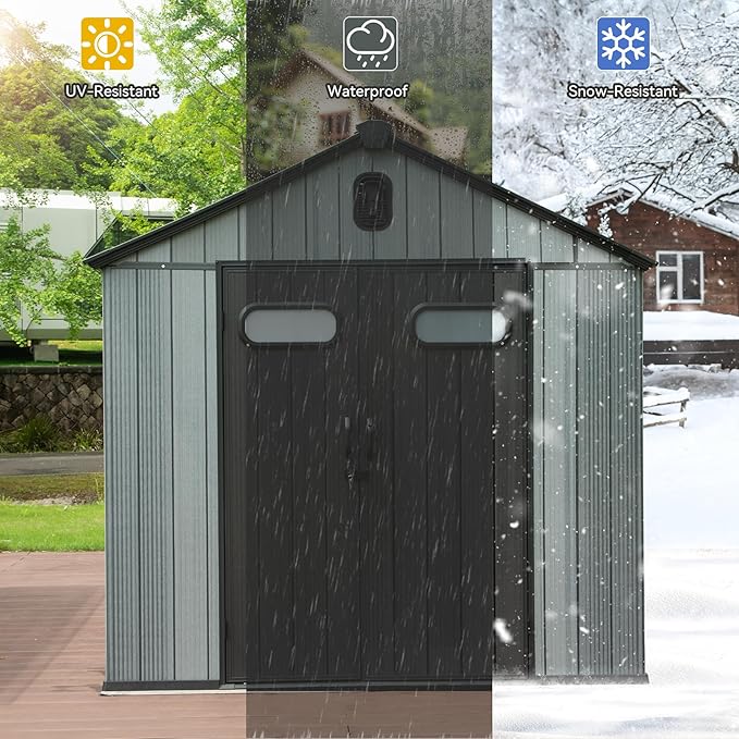 8X12FT Outdoor Resin Storage Shed Waterproof, Waterproof Plastic Garden Shed with Lockable Door, Windows & Vents, Outside Tool Storage Shed for Patio Furniture, Lawn Mower