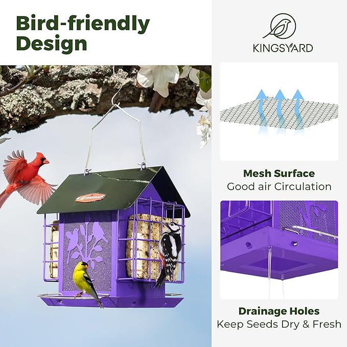 Kingsyard Metal Bird Feeder for Outdoor Hanging, Wild Bird Feeder with Double Suet Cage, Weatherproof Roof and 3 lbs Large Seed Capacity, Purple