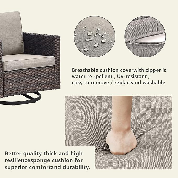 Rilyson Wicker Outdoor Patio Furniture Set - 5 Piece Patio Conversation Set with 2 Swivel Rocker Chairs,2 Rattan Ottoman and 1 Metal Side Table for Outside Porch Deck Backyard Garden(Brown/Grey)