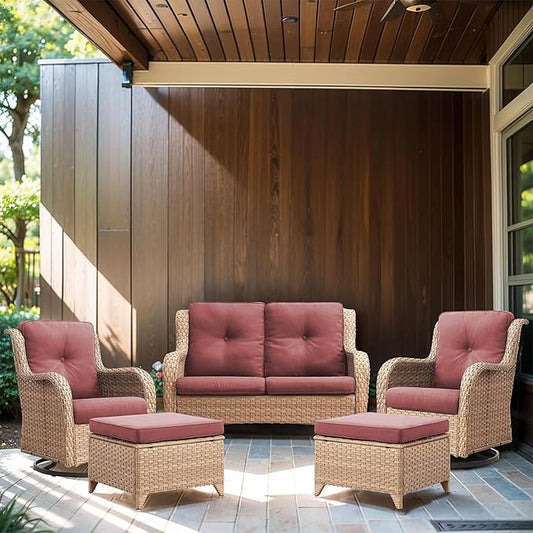 Patio Furniture Set with Swivel Chairs, 5 Pieces Outdoor Wicker Furniture Set with Patio Swivel Rocker Chairs for Patio, Yard, Deck, Porch, Poolside