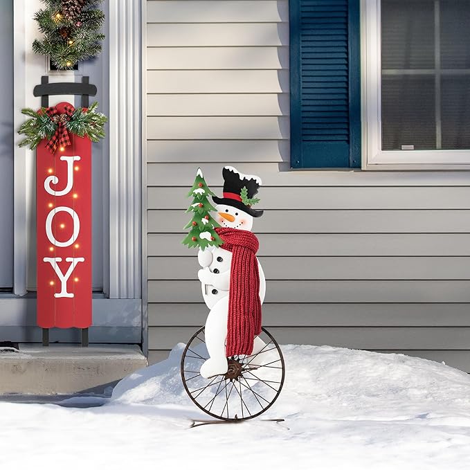 Glitzhome 32”H Metal Snowman Porch Décor Bike Wheel Cute Snowman with Red Scarf Hat Christmas Tree Garden Yard Porch Sign Indoor Outdoor Christmas Decorations