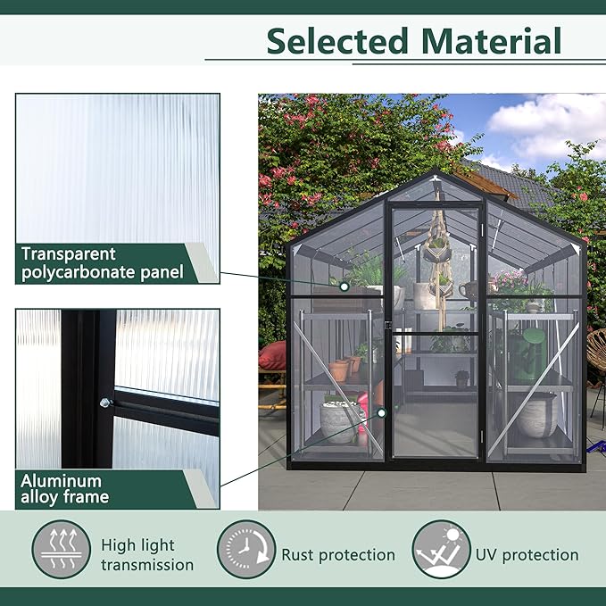 KEIKI 6 x 10 FT Greenhouse for Outdoors, Heavy Duty Polycarbonate Large Walk-in Greenhouse with Double Doors and Two Ventilation Windows for Outside Green House Garden Backyard