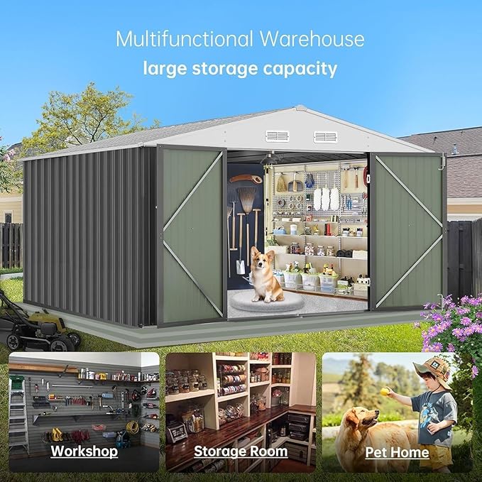 8X10FT Metal Outdoor Storage Shed - Galvanized Steel Waterproof Garden Shed with Lockable Doors & Vents, All-Weather Utility Tool Shed for Lawn Mower, Bike