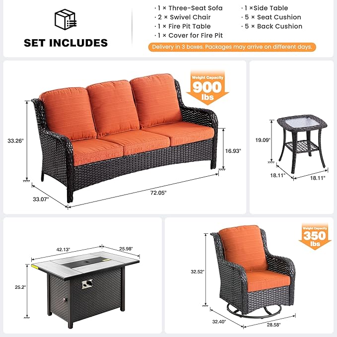 ovios 5 Pieces Patio Furniture Set, Outdoor Wicker Sofa Couch with Swivel Chairs 42" Fire Pit Table, High Back All Weather Modern Conversation Sets, Brown Rattan, Orange Red