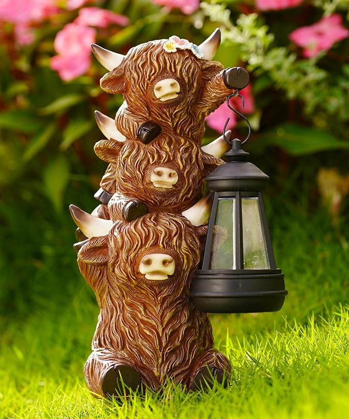 Solar Highland Cow Outdoor Decor:Garden Statue Outside Lantern Ornaments for Yard Lawn Patio Porch- Unique Gifts for Mom Women Grandma(Brown)