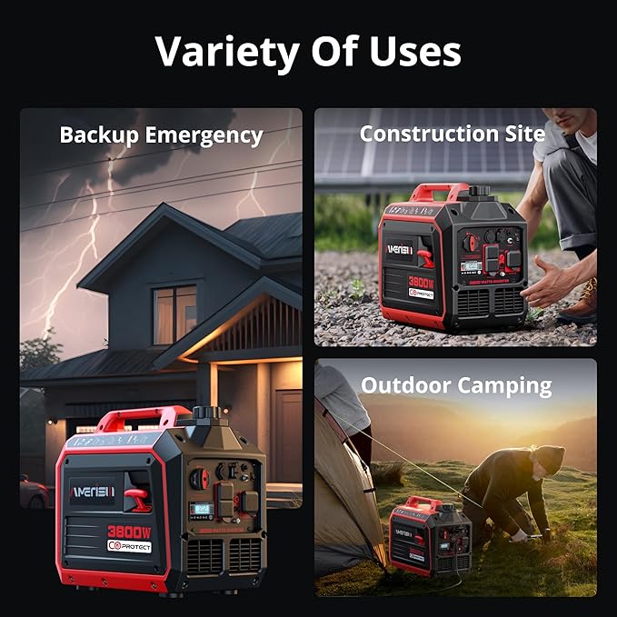 3800W Portable Inverter Generator with CO Sensor, Gas Powered, Digital Display, Super Quiet and Lightweight Generator for Camping, Home Emergency Use, Tailgating, RV Ready, EPA Compliant