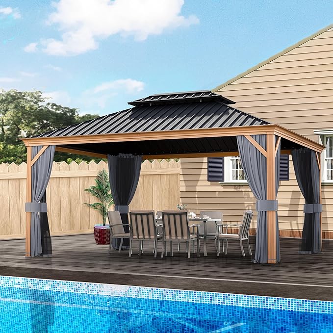 HAPPATIO 12' x 16' Hardtop Gazebo, Outdoor Wood Grain Frame Aluminum Gazebo, Double Roof Permanent Patio Canopy with Netting and Curtains for Garden, Patio, Lawns, Parties (Grey)