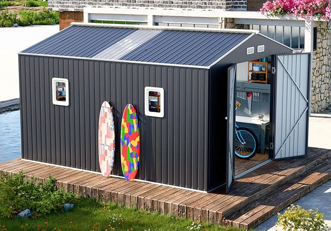 Metal Storage Shed 10x12 FT Reinforced Frame with Unique Clear Roof Skyview Windows Air Vents Door for Outside Garden Patio Lawn Backyard to Store Bikes,Lawnmower,Garage,Dark Grey Large