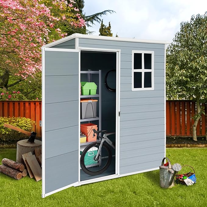 JT 5×3ft Resin Outdoor Storage Shed,Outdoor Storage Shed with Floor & Window to Store Patio Furniture, Garden Tools Bike Accessories, Beach Chairs and Lawn Mower. (Grey, 5ft*3ft)
