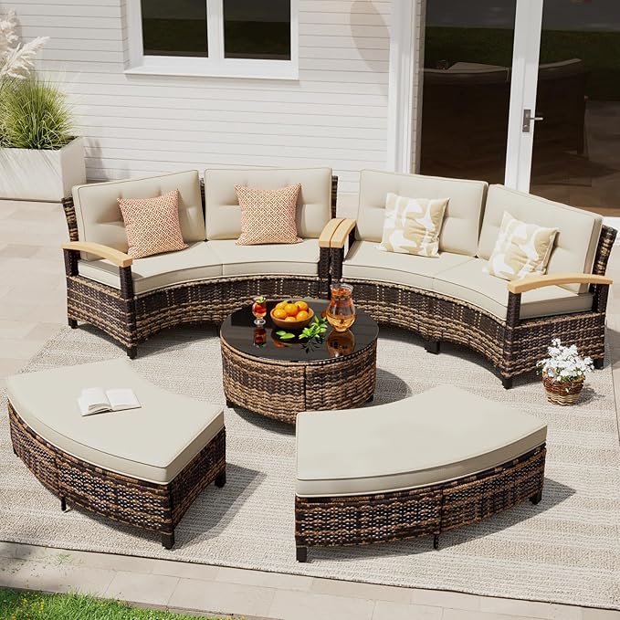 MEISSALIVVE 8 Piece Outdoor Patio Furniture Set, Half-Moon Curved Sectional Set with Wood Armrests, 2 Half-Moon Ottomans, Round Table (Brown)