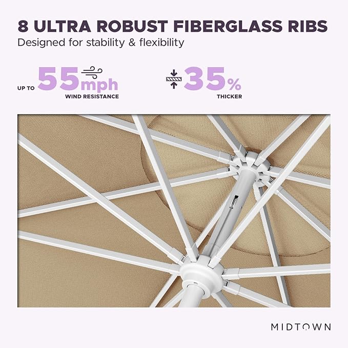 Midtown Umbrellas The Swilt 9 Feet Patio Umbrella in Sunbrella Heather Tan Acrylic Fabric - Fiberglass Ribs, Auto-Tilt Aluminum Frame For Backyard, Deck, Garden, Pool - White Pole