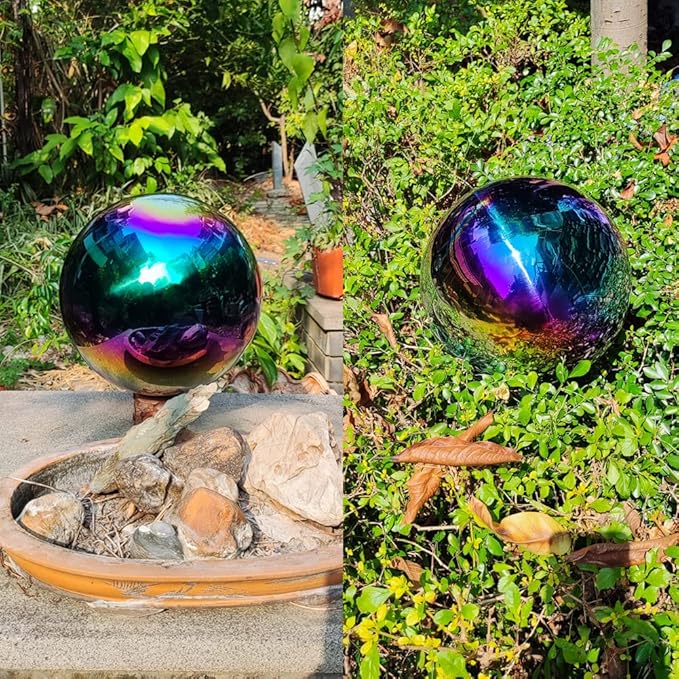 15cm/6 inch Garden Sphere Mirror Gazing Ball,Rainbow Stainless Steel Polished Reflective Smooth Hollow Globe Ball,Durable Colorful and Shiny Decorations Addition to Garden Patio Yard Home