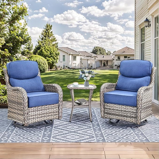 HUMMUH Outdoor Patio Wicker Swivel Rocker Chairs with 6-Inch Thick Cushion High Back 3 PCS Wicker Conversation Set for Porch Balcony Deck