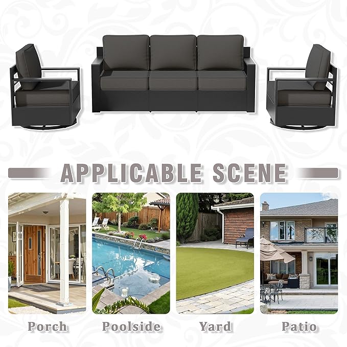 3 PCS Aluminum Patio Conversation Set - Outdoor 3-Seater Sofa, 2 360° Swivel Chair with 6" Thick Water-insistant Cushions, All-Weather Use Frame, Removable Cover, Ideal for Garden, Poolside (Grey)