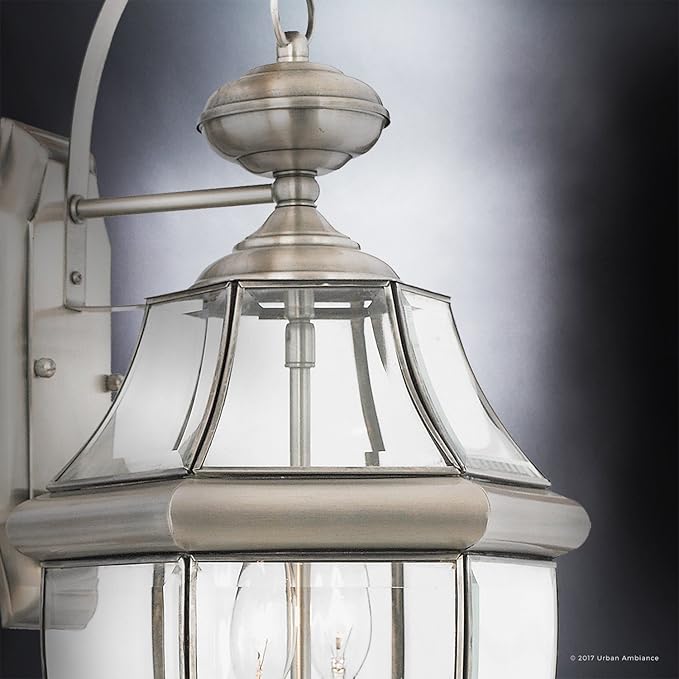 Urban Ambiance Luxury Colonial Outdoor Wall Light, Large Size: 20" H x 10.5" W, with Tudor Style Elements, Versatile Design, Classy Aged Silver Finish and Beveled Glass, UQL1145