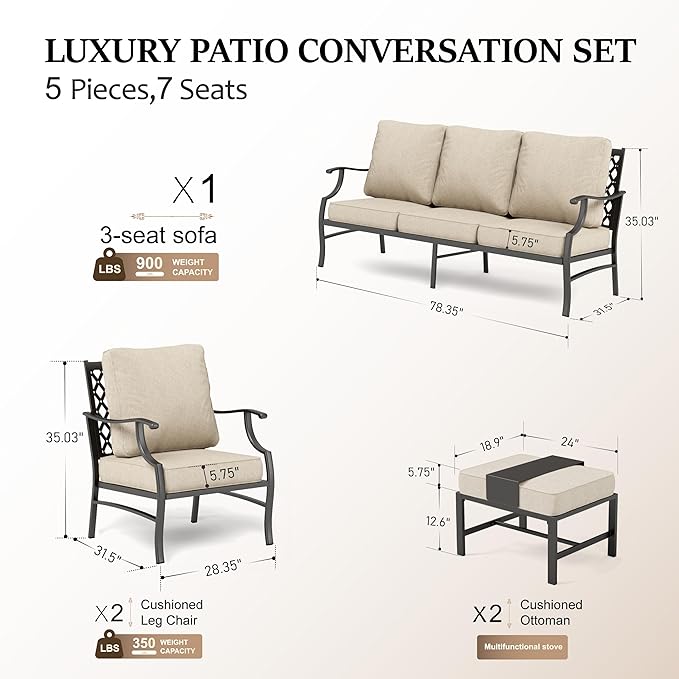 HERA'S HOUSE 5 Piece Patio Furniture Set, 2 x Cushioned Metal Chair, 2 x Ottoman, 1 x 3-Seat Sofa, All Cushioned 7 Seats Outdoor Conversation Set for Lawn Garden Backyard