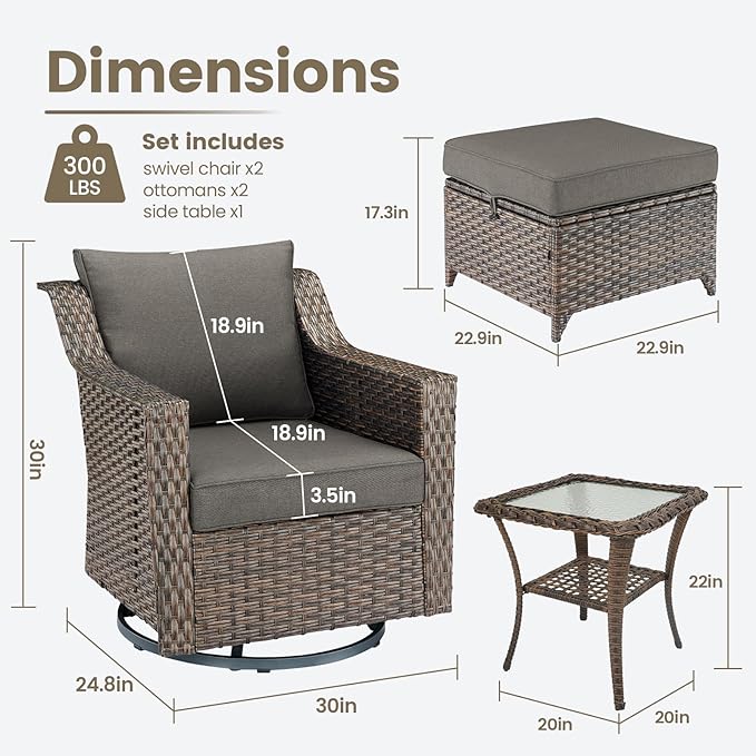 Outdoor Wicker Patio Furniture Set - 5 Piece Outside Rattan Conversation Bistro Dining Chair Sets with Rocking Swivel Chairs, Ottomans and Side Table for Porch Yard Balcony – Brown/Grey