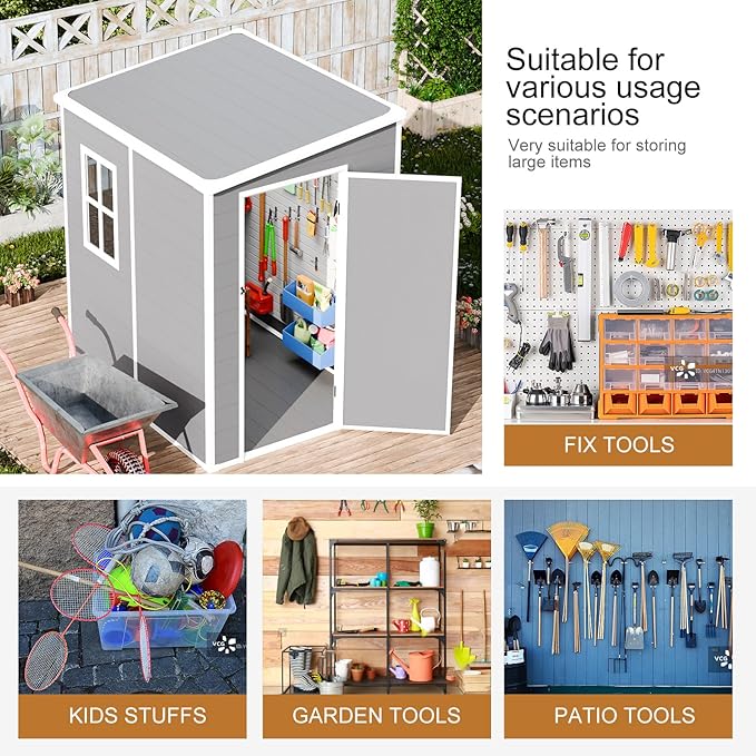 Resin Outdoor Storage Shed with Floor 5x4 FT Waterproof Plastic Sheds Kit Window Lockable Door Included, Outside Small Garden Tools Sheds for Backyard Patio