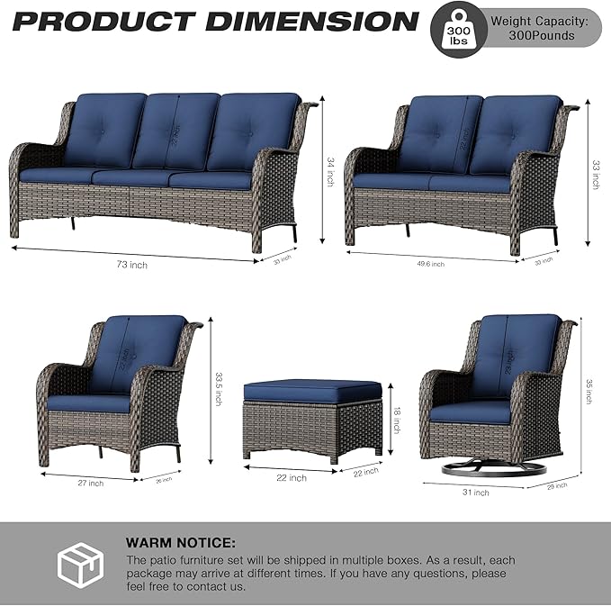 Joyside Wicker Patio Furniture Set 6 Piece Set with 1 Three-Seat Sofa, 2 Swivel Rocker Chairs, 2 Ottomans and 1 Side Table, Outdoor Furniture Patio Conversation Sets(Mixed Grey/Blue)