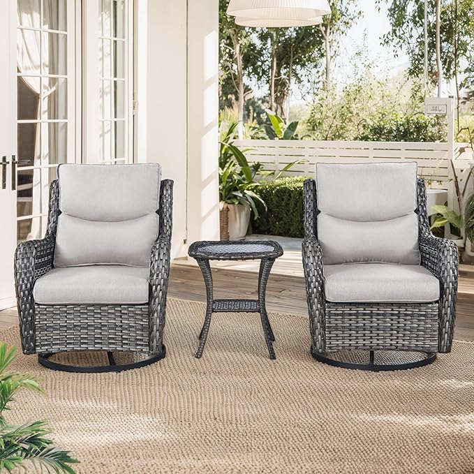 Patio Swivel Chairs with Smile-Shaped Cushions, 3 Piece High Back Patio Swivel Glider Chairs with Side Table 3PCS PE Rattan Luxury Swivel Patio Chairs Set Grey Wicker | Beige Cushions