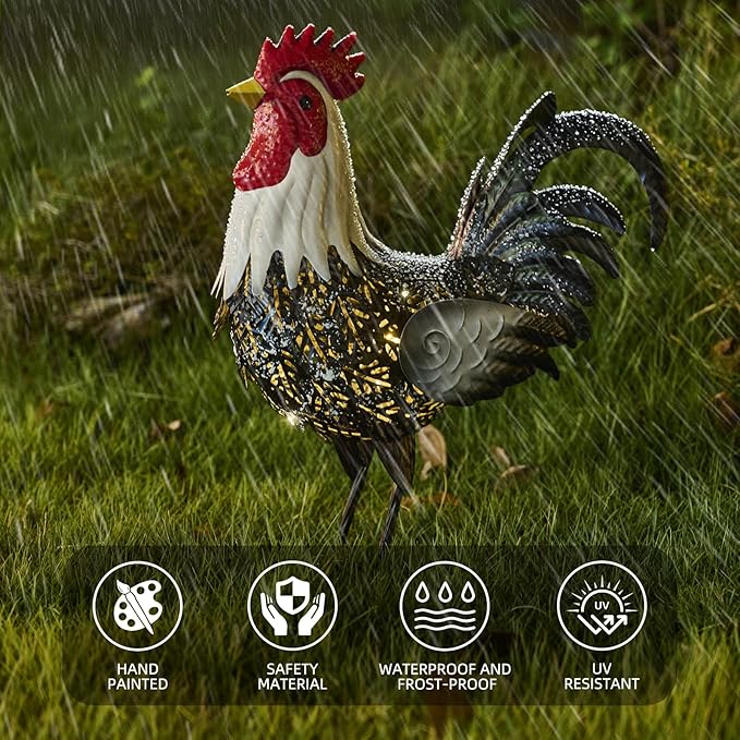 Metal Rooster Statue Yard Decor - 15" Solar Light Metal Yard Art Standing Chicken Statue Garden Decoration, Large Animal Sculpture Chicken Themed Gift for Outdoor Porch Patio Backyard Lawn Ornament