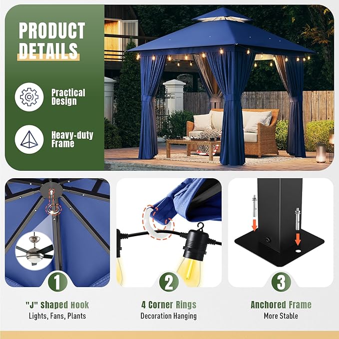 AOXUN Outdoor Gazebo for Patio 8x8, Metal Frame Canopy with Double Roofs, Heavy Duty Party Tent and Shelter with Mosquito Netting and Privacy Screen for Garden,Backyard, Lawn, Deck (Navy)