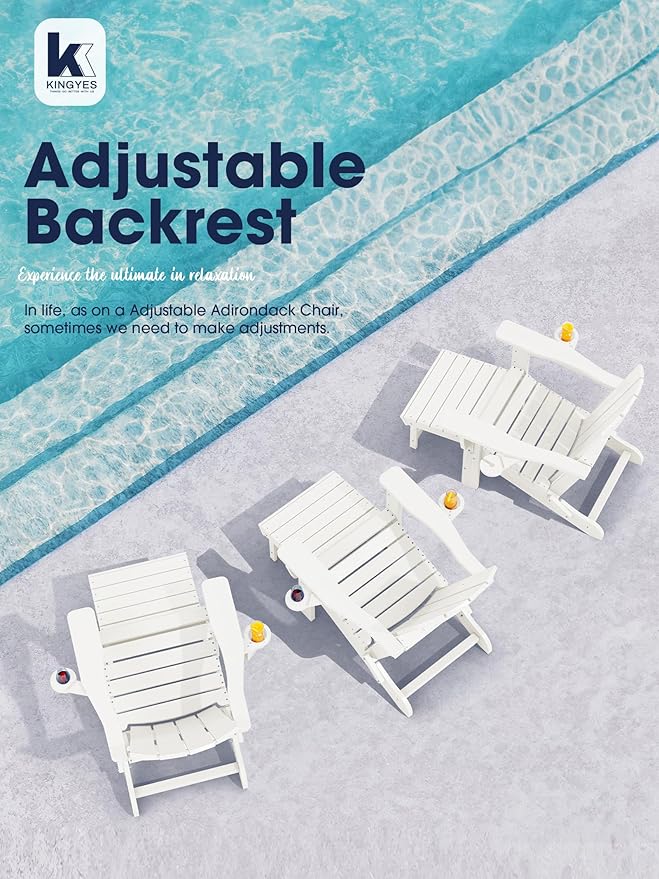 KINGYES Folding Adjustable Adirondack Chair with Ottoman & 2 Cup Holders Set of 2, HDEP Multifunctional Adirondack Chair with Footrest, White
