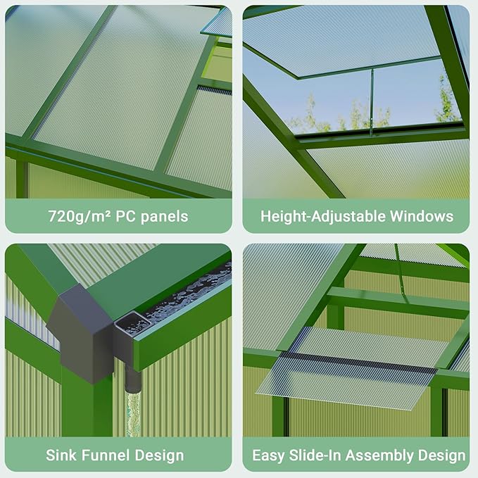 8x12 FT Greenhouse, Easy Assembly Aluminum Polycarbonate Greenhouses for Outdoors with Roof Vent, Large Aluminum Walk-in Greenhouse for Sunroom Patio, Backyard, Garden, Sliding Lockable Door, Green