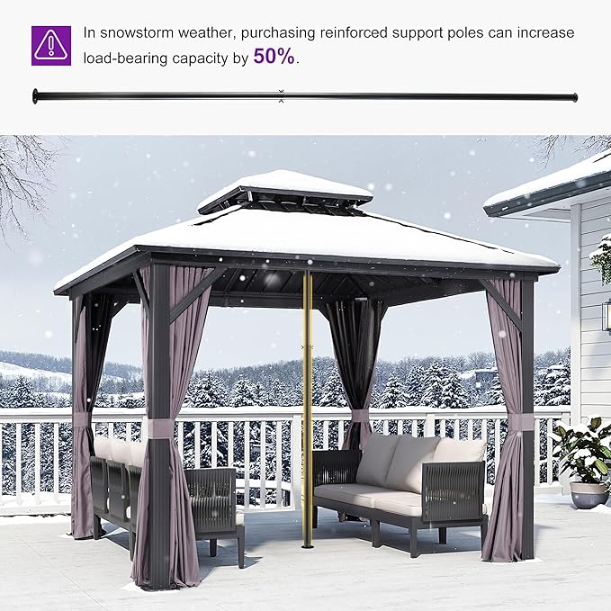 PURPLE LEAF 10' X 10' Hardtop Gazebo Permanent Gazebo with Galvanized Steel Double Roof for Patio Lawn Garden Aluminum with Netting and Curtains Grey