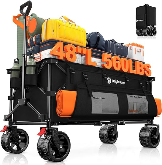 48" L Collapsible Wagon Cart Foldable, 560lbs Weight Capacity 300L Heavy Duty Folding Beach Wagons with Big All-Terrain Wheels, Utility Carts for Groceries, Shopping, Camping, Sports - Black