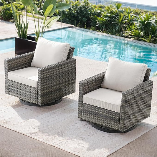 HUMMUH Patio Swivel Chairs Set of 2,PE Wicker Outdoor Rocker Chairs Bistro Set Porch Balcony Furniture with Beige Cushions
