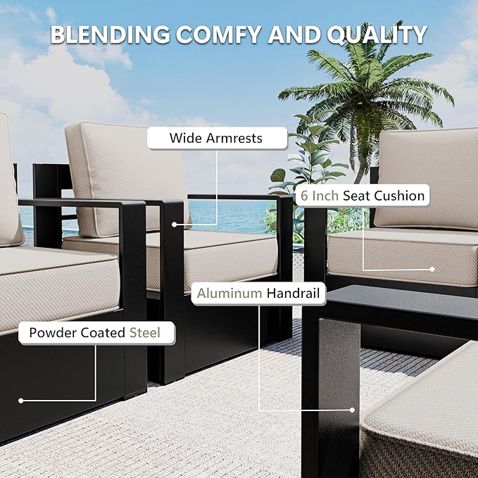 Outdoor Patio Furniture Set, 6-Piece Aluminum Patio Conversation Set All-Weather Metal Outdoor Sectional with 6 Inch Thick Cushions, Deep Setting for Garden, Outside and Porch