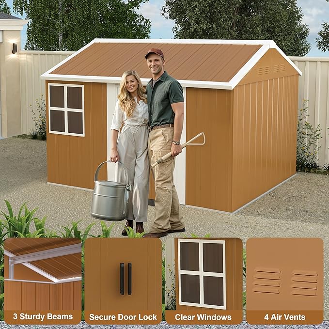 10x8 FT Outdoor Steel Storage Shed with Clear Windows, Sliding Lockable Door & Ventilation, Brown and White Weather-Resistant Metal Tool Shed for Garden, Backyard, Lawn, and Utility Storage