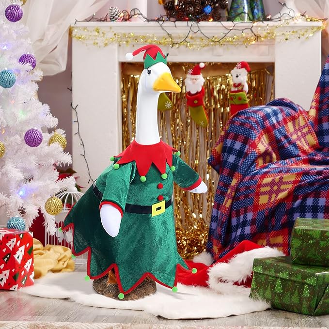 Christmas Goose Outfit Clothes for 23" High Cement or Plastic Goose Elf Red Green Costume Porch Garden Costume for Yard Outdoor Patio Xmas Holiday Decor