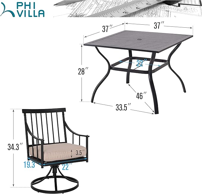 PHI VILLA 5 Pieces Outdoor Dining Set for 4, Square Black Wrought Iron Table with Umbrella Hole & Swivel Metal Chairs with Cushions, Modern Furniture for Patio, Deck, Yard, Porch